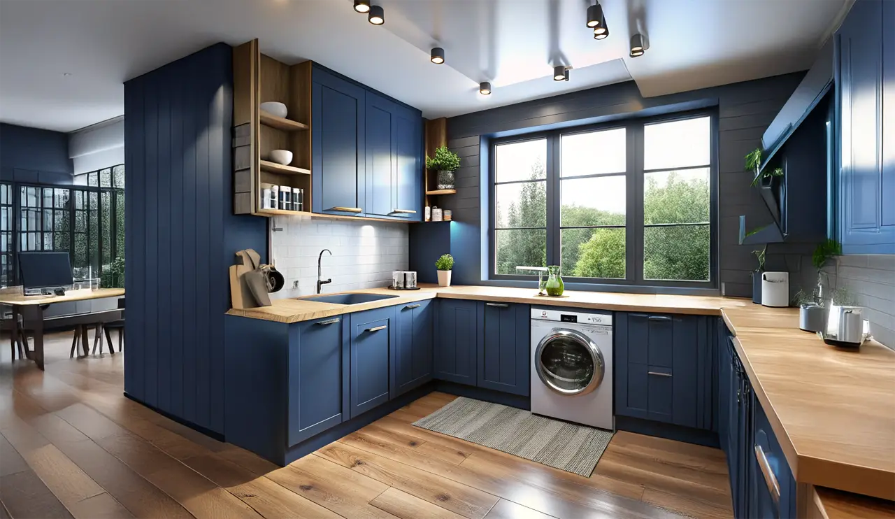 Fitted kitchen wardrobes in Birmingham with modern blue cabinets and smart storage design