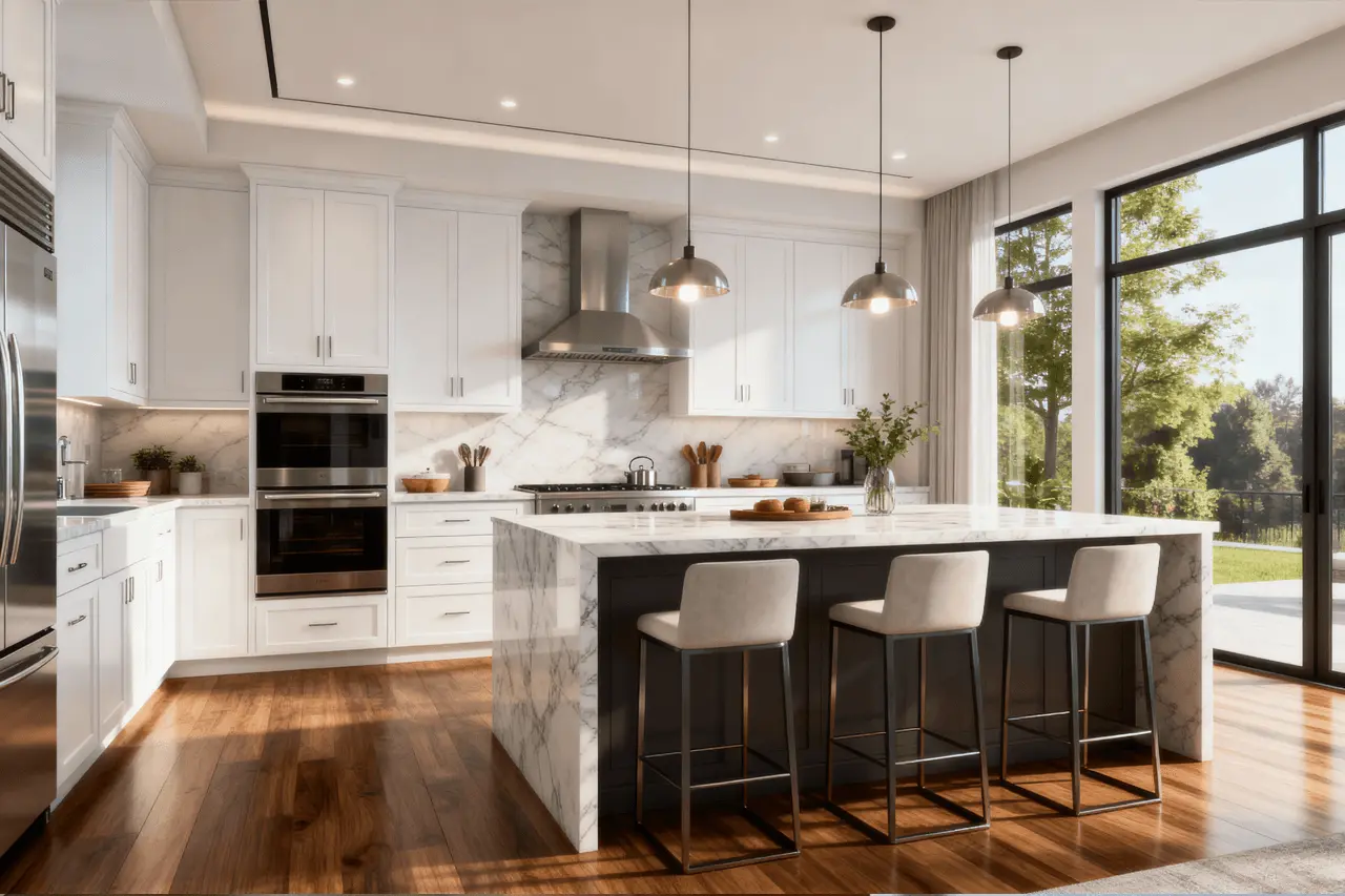 Modern fitted kitchen in Birmingham with island, marble worktop and built in appliances