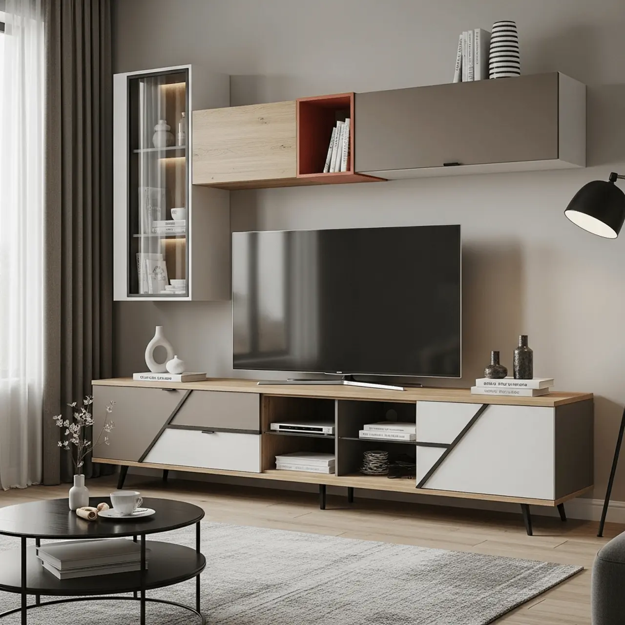 Modern media wall in Birmingham with TV unit and built in storage shelves